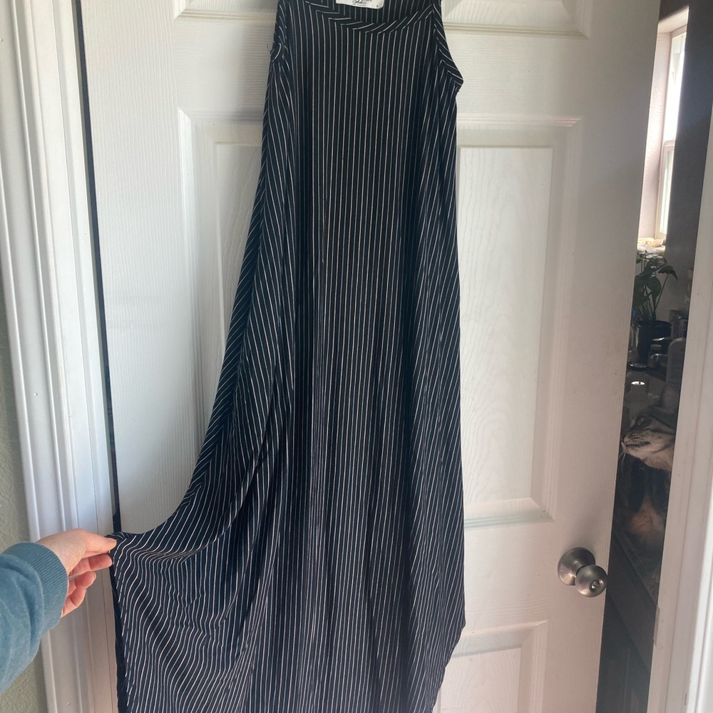 CJLA “Stella” Maxi dress - black with blue & white pinstripes